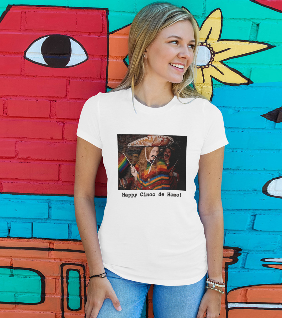 Happy Cinco De Homo Rainbow Poncho Sombrero Pride Celebration T-Shirt