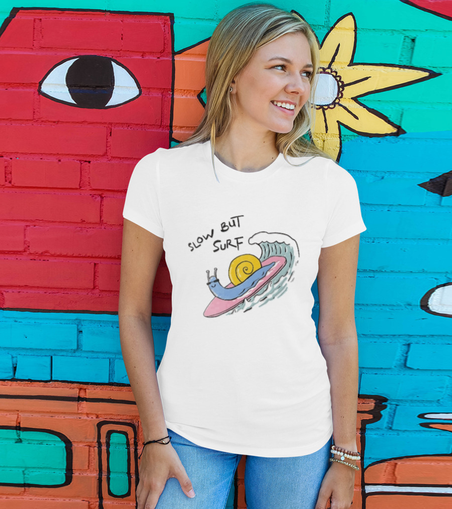 Slow But Surf Cartoon Blue Snail Riding Pink Surfboard Wave T-Shirt