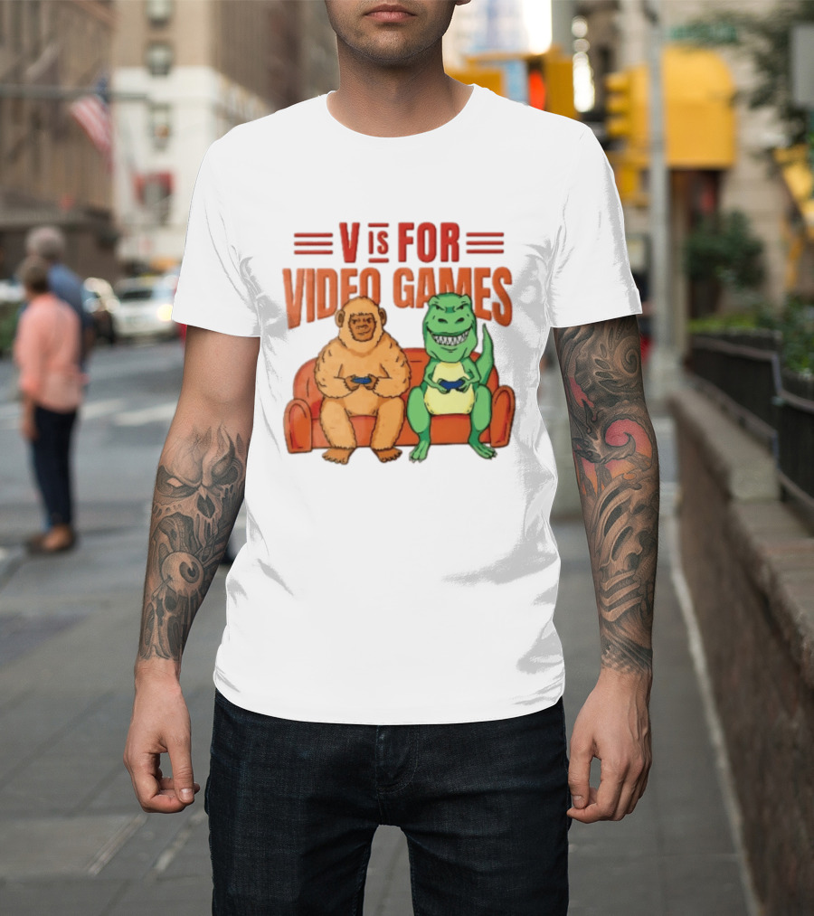 V Is For Video Games Sasquatch Dinosaur Couch Controllers Cartoon T-Shirt