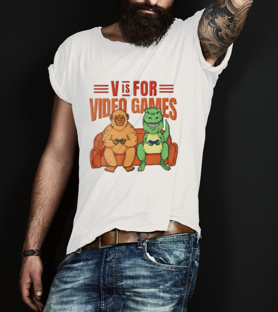 V Is For Video Games Sasquatch Dinosaur Couch Controllers Cartoon T-Shirt