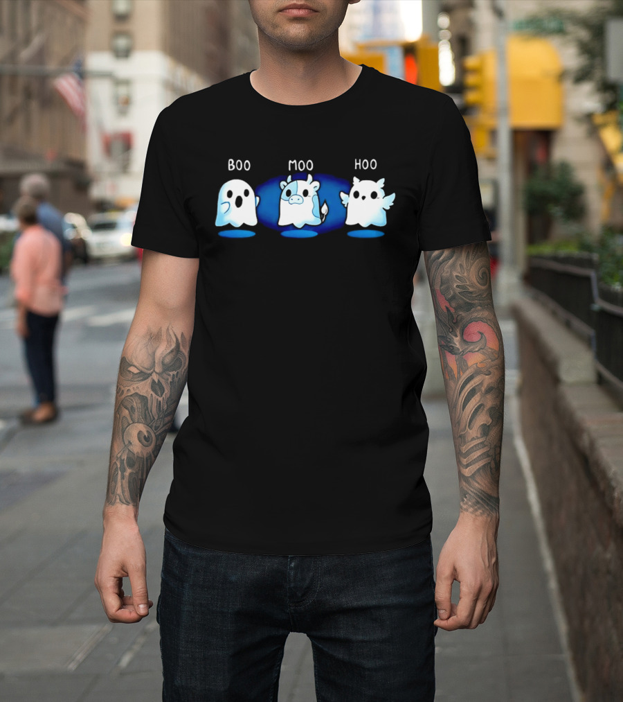 Boo Moo Hoo Halloween Ghost Cow And Owl Fun T-Shirt