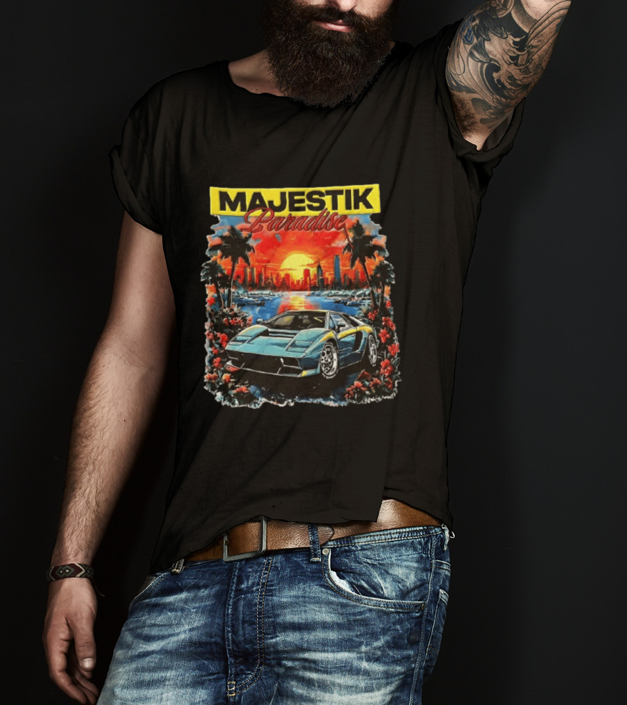 Majestik Paradise Lamborghini Countach Miami Skyline Sunset Beach City T-Shirt