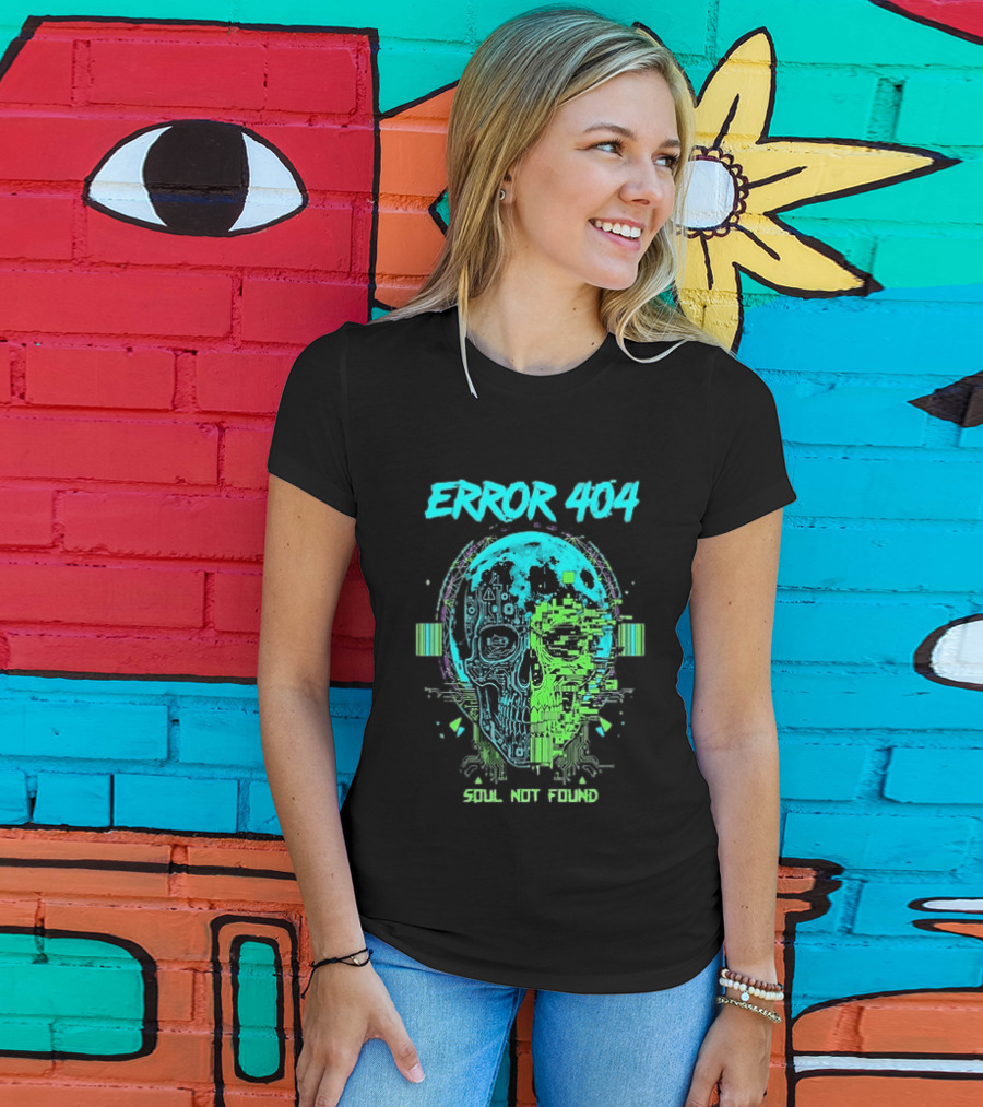Error 404 Soul Not Found Cyber Skull Glitch Retro Tech Aesthetic T-Shirt