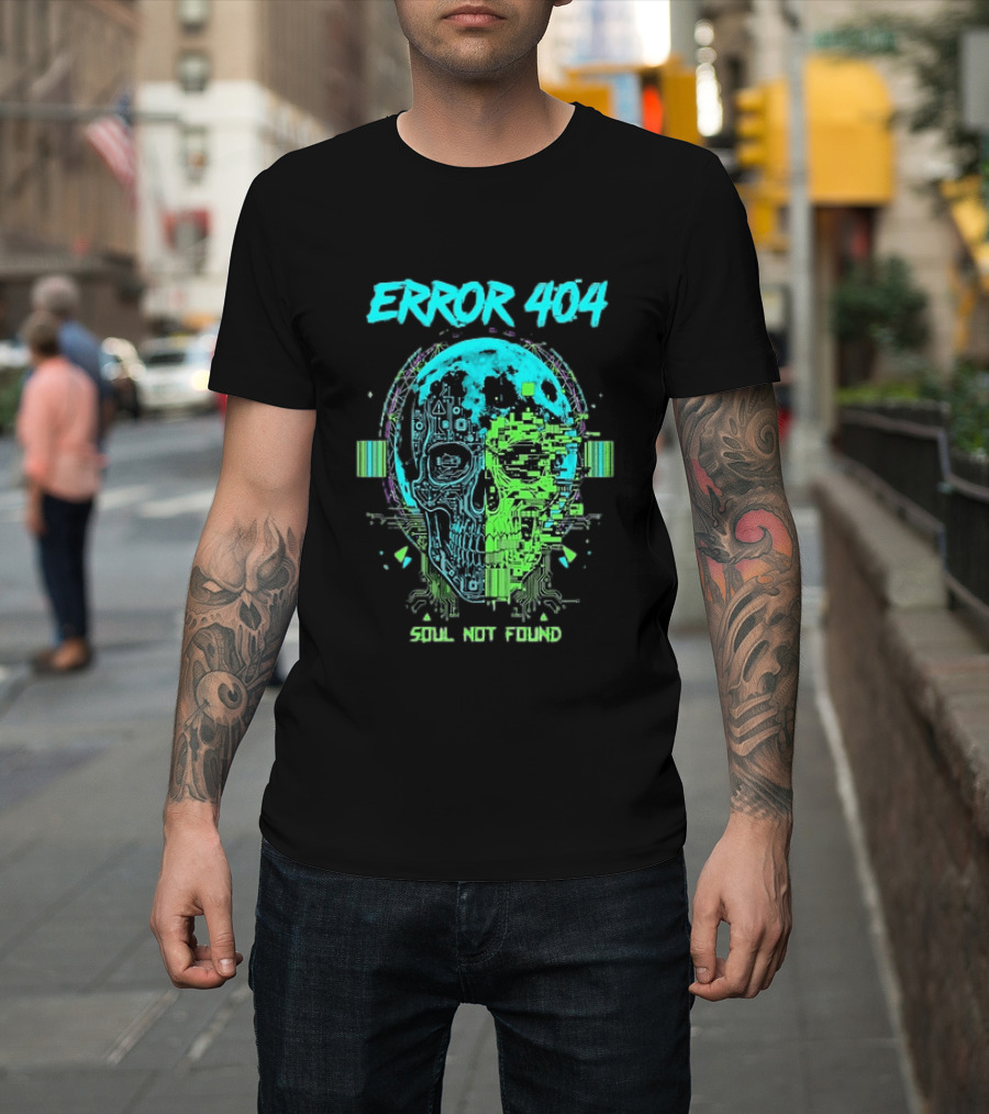 Error 404 Soul Not Found Cyber Skull Glitch Retro Tech Aesthetic T-Shirt