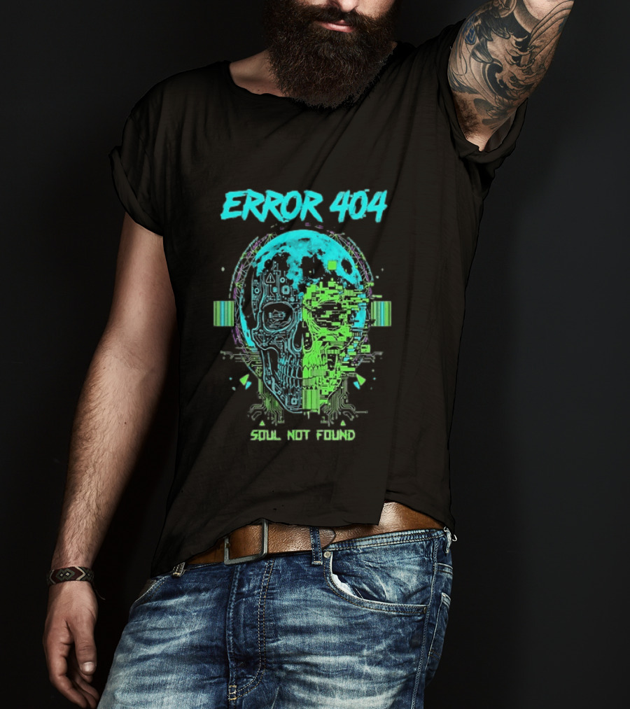 Error 404 Soul Not Found Cyber Skull Glitch Retro Tech Aesthetic T-Shirt