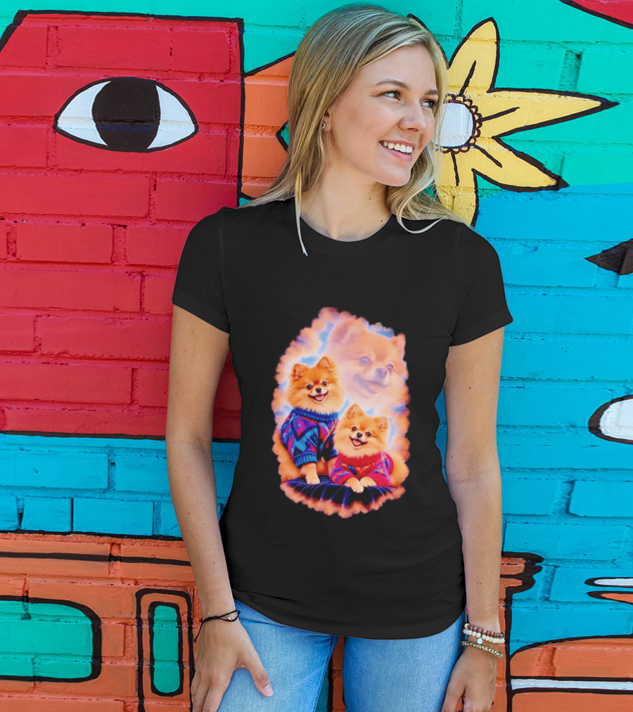 Pomeranian Puppies Cozy Sweaters Neon Pastel Vibe T-Shirt