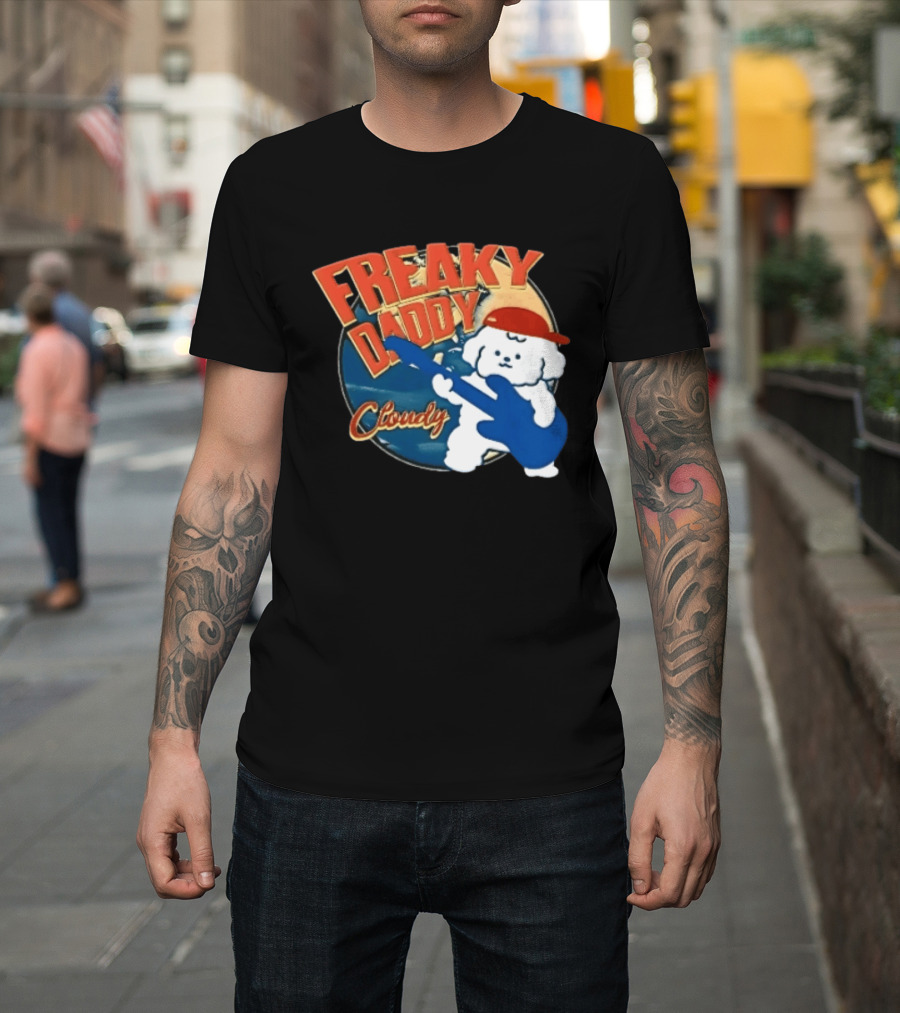 Freaky Daddy Cloudy Cartoon Dog Red Cap Playing Guitar T-Shirt