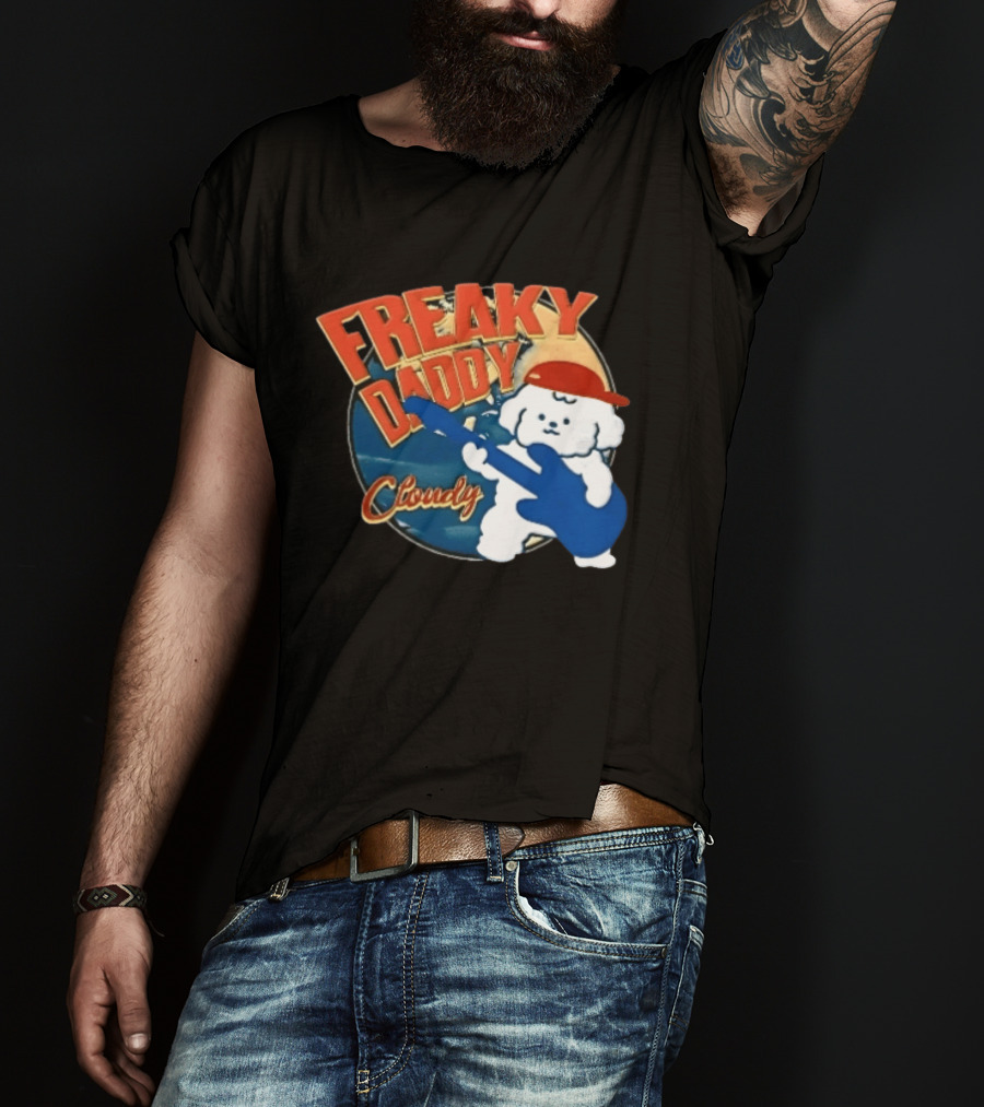 Freaky Daddy Cloudy Cartoon Dog Red Cap Playing Guitar T-Shirt