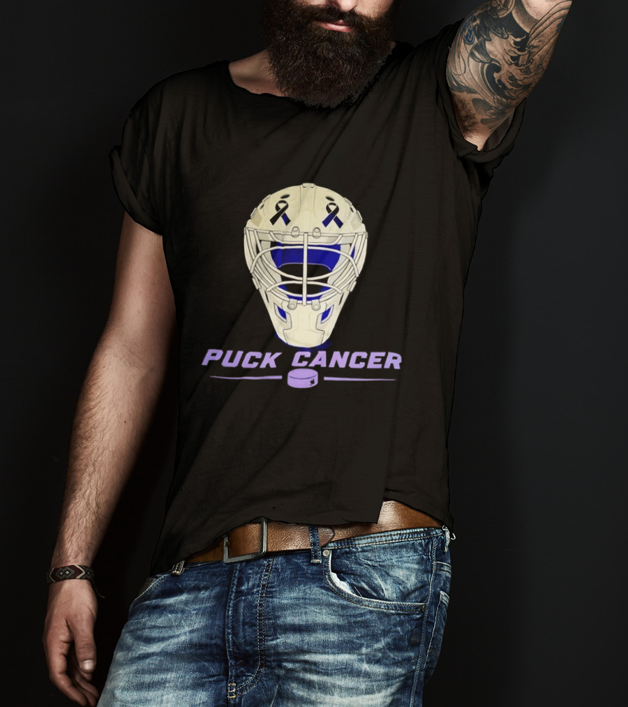 Puck Cancer Hockey Goalie Mask Awareness Purple Ribbon T-Shirt