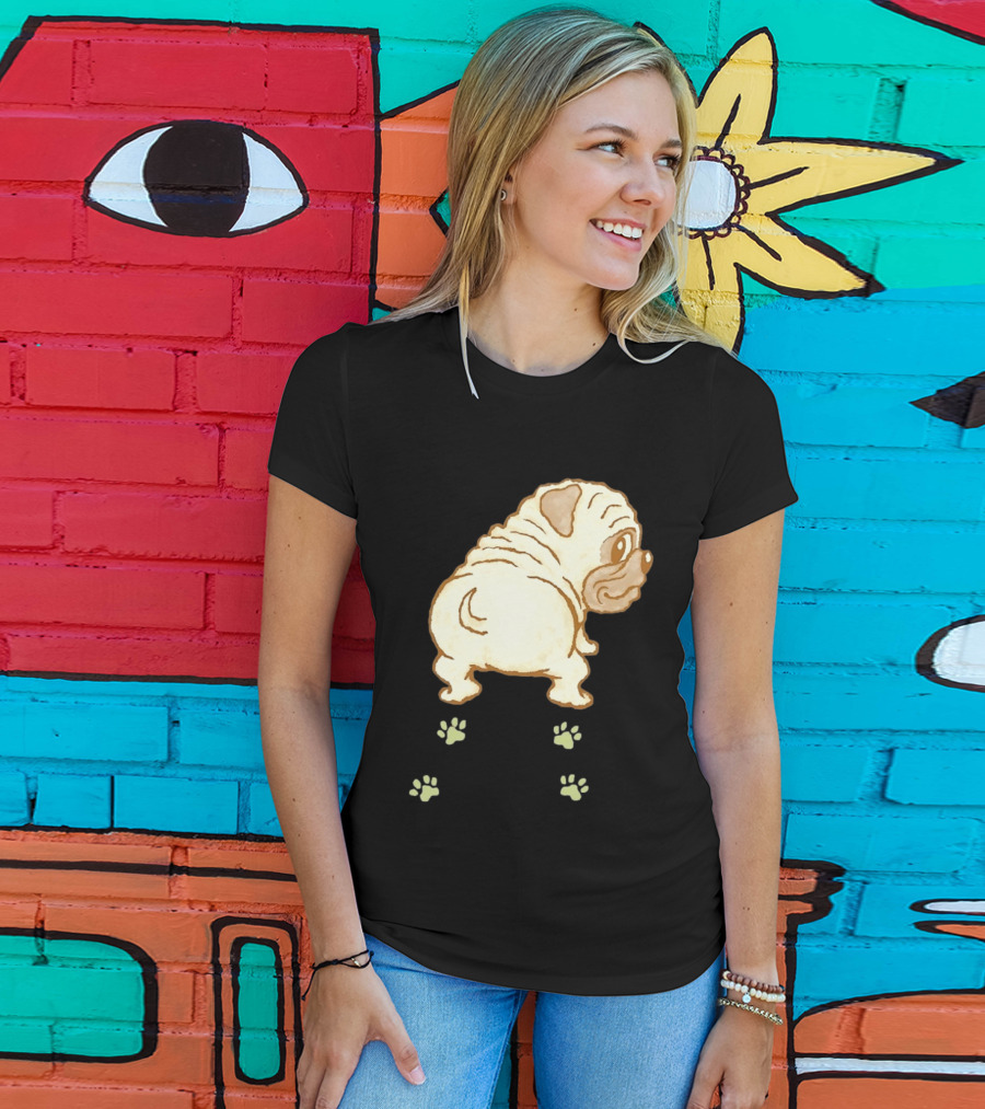 Pug Looking Back With Paw Prints Dog Cute Canine T-Shirt