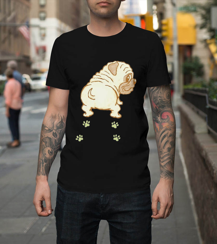 Pug Looking Back With Paw Prints Dog Cute Canine T-Shirt