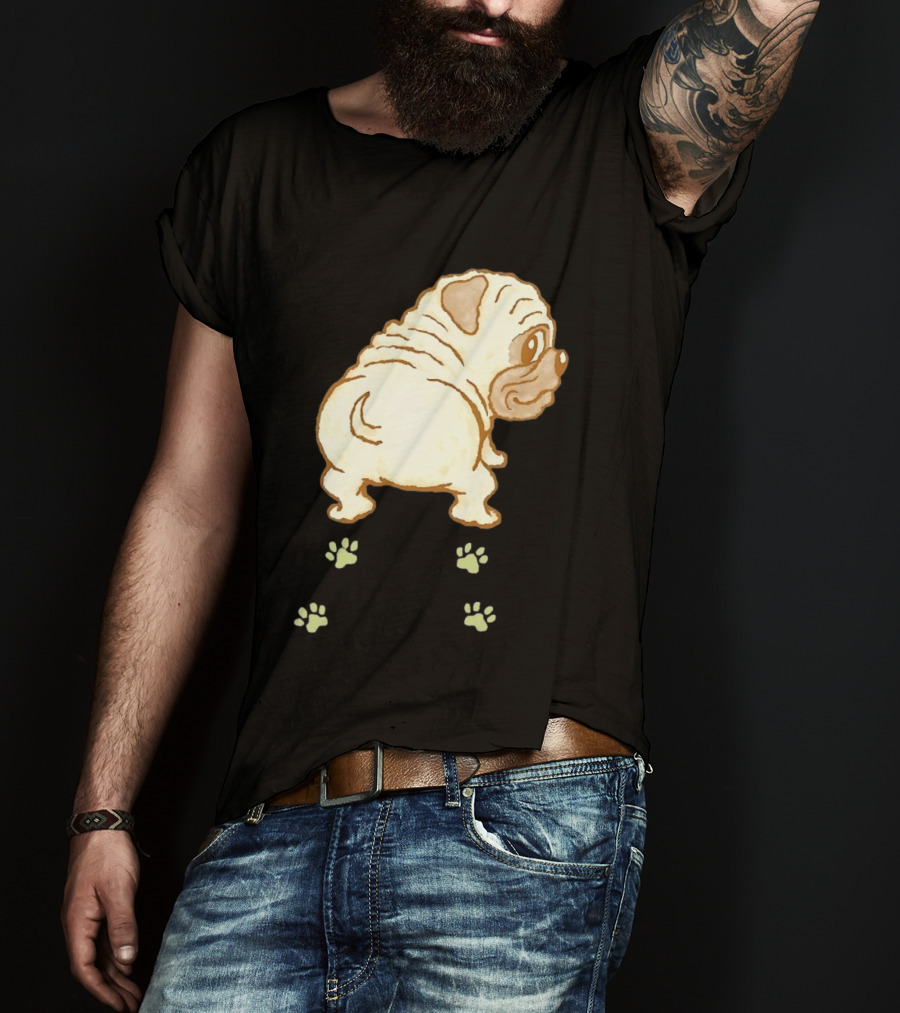 Pug Looking Back With Paw Prints Dog Cute Canine T-Shirt