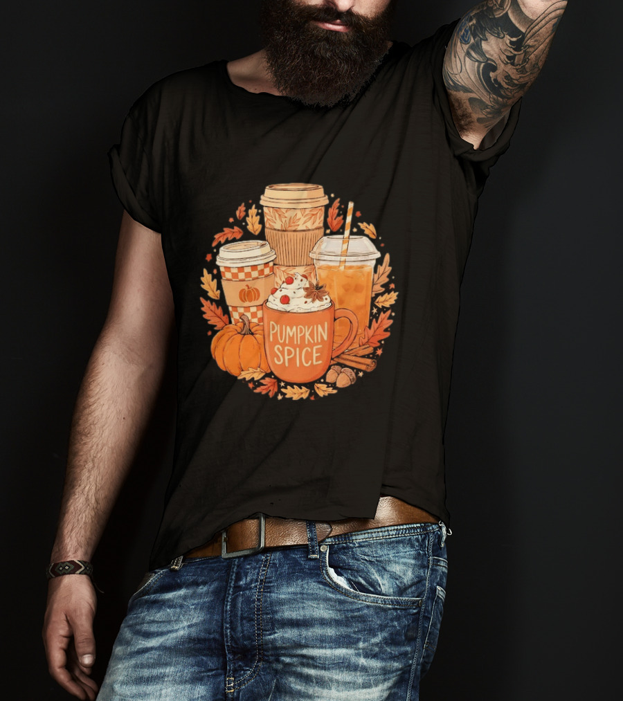 Pumpkin Spice Fall Coffee Drinks Autumn Leaves Acorns Cinnamon Sticks T-Shirt