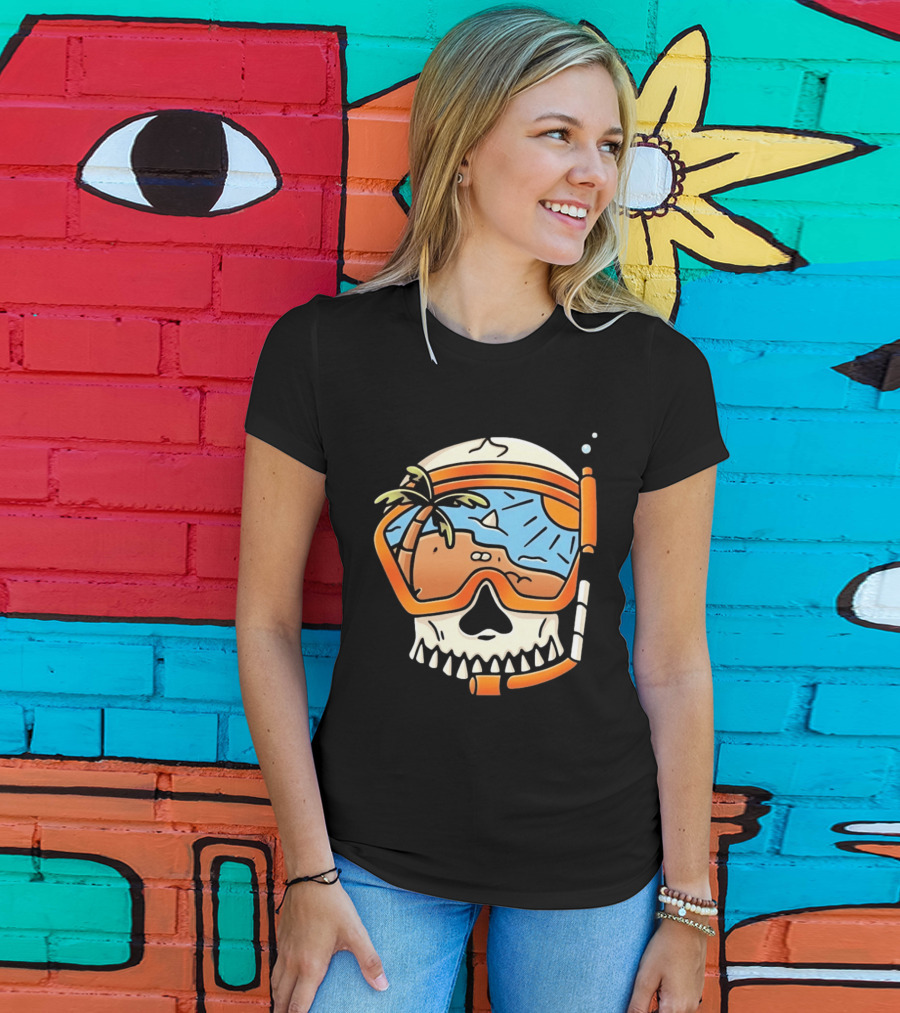 Skull Wearing Snorkel Mask With Tropical Beach Scene Palm Tree Sun T-Shirt