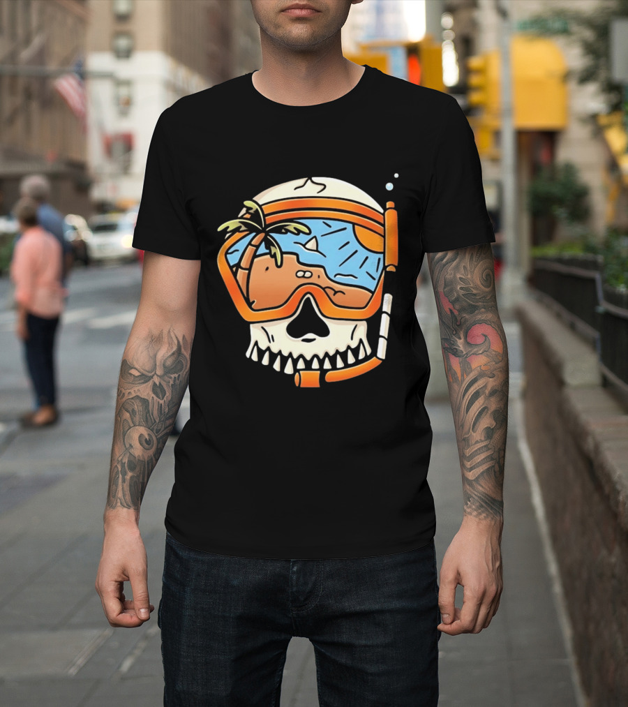 Skull Wearing Snorkel Mask With Tropical Beach Scene Palm Tree Sun T-Shirt