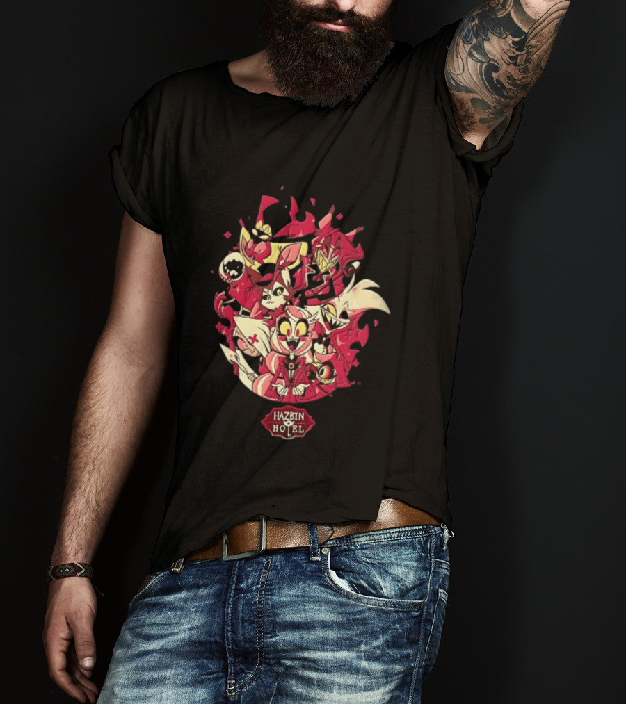 Hazbin Hotel Demon Characters Group Red Sparkles Cartoon Alastor Angel Dust Charlie Vaggie T-Shirt
