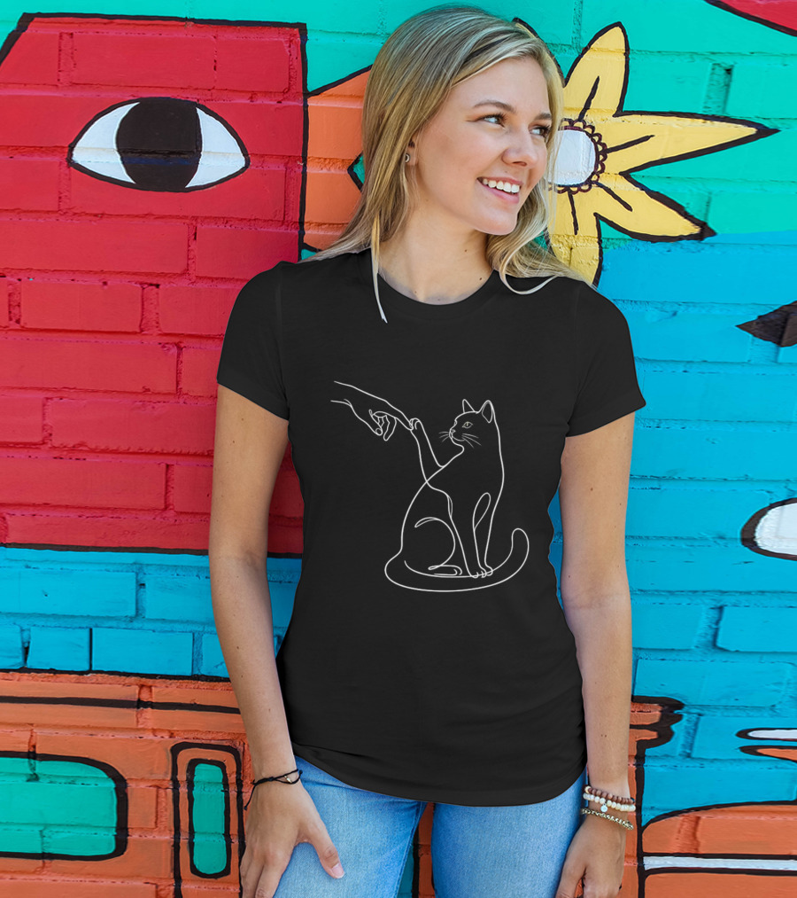 Human Hand Touching Cat Paw Line Minimalist T-Shirt