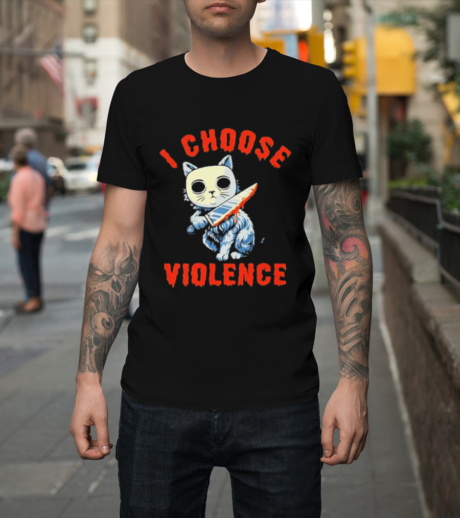 I Choose Violence Cat With Knife Horror Creepy Mask T-Shirt