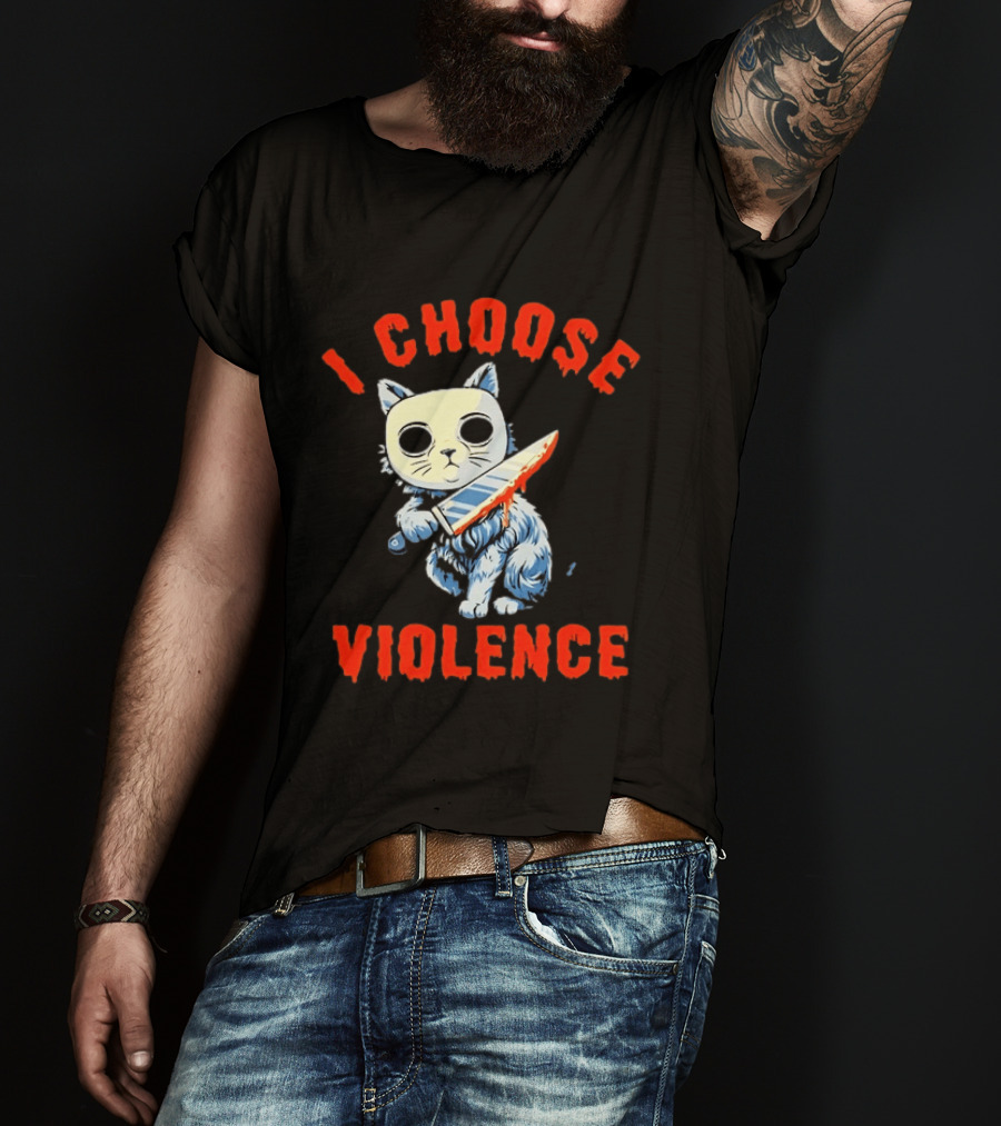 I Choose Violence Cat With Knife Horror Creepy Mask T-Shirt