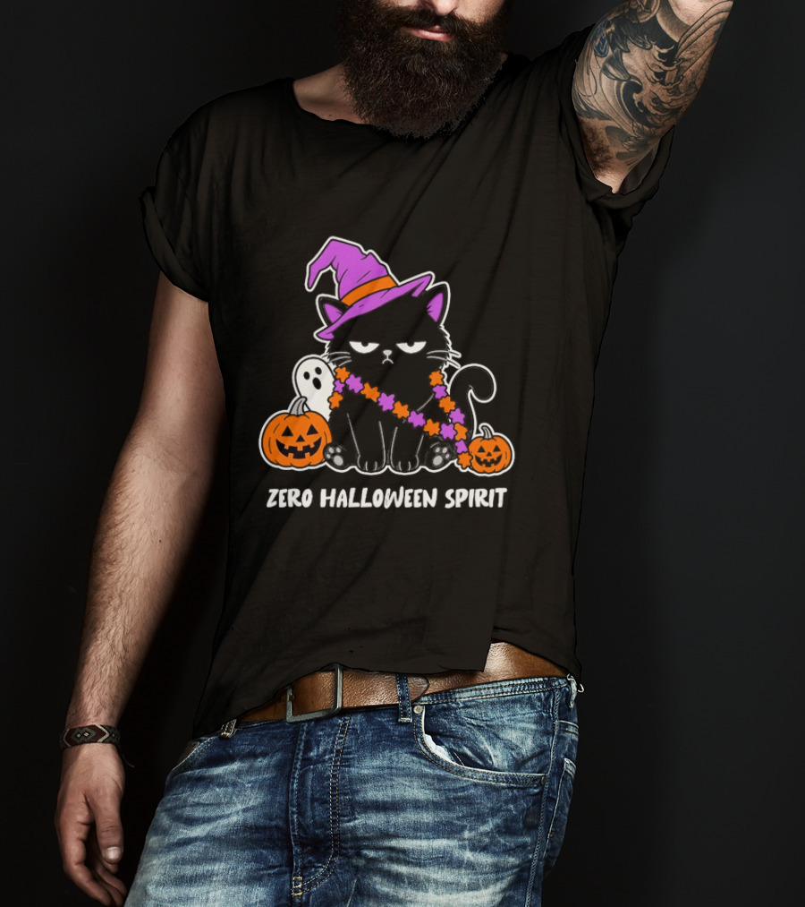Zero Halloween Spirit Grumpy Black Cat With Pumpkin Ghost And Hat T-Shirt
