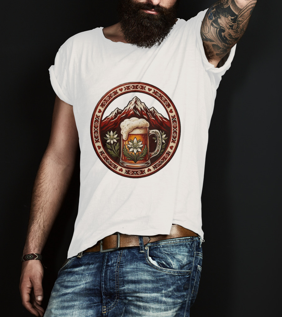 Alpine Beer Edelweiss Mountain Peaks Bavarian Heart Border T-Shirt