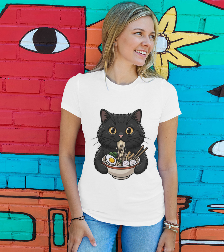 Black Cat Enjoying Ramen Noodles Anime T-Shirt