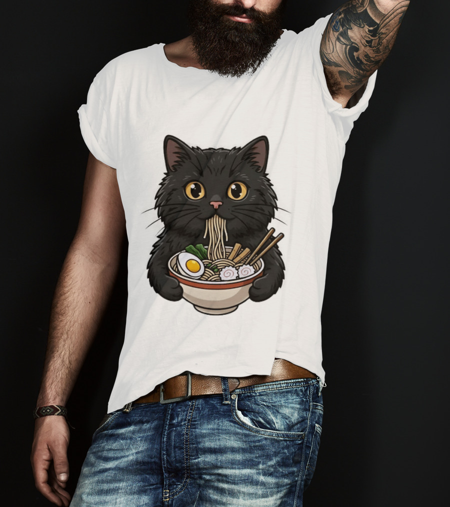 Black Cat Enjoying Ramen Noodles Anime T-Shirt