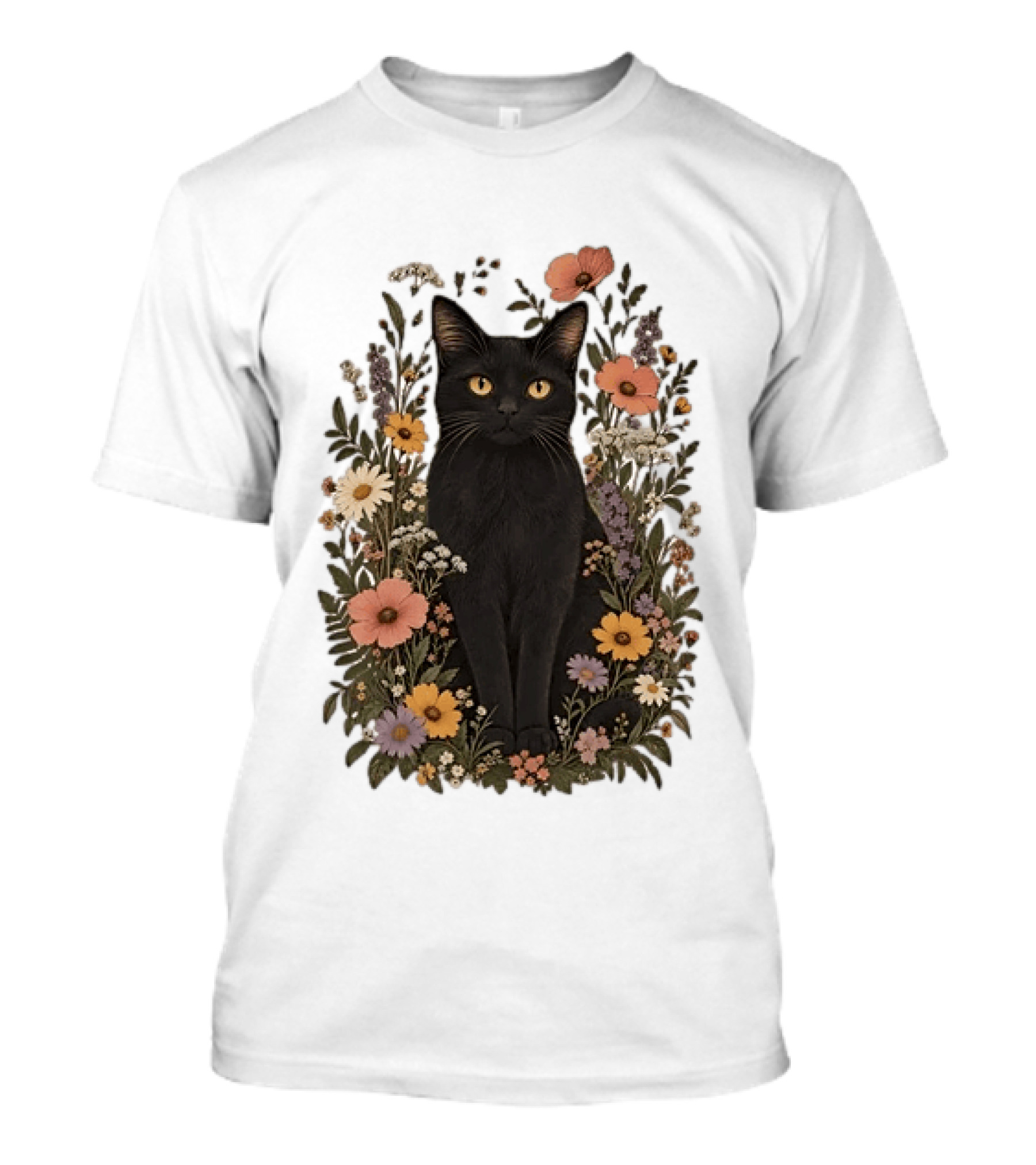 Black Cat In Blooming Garden Of Wildflowers T-Shirt