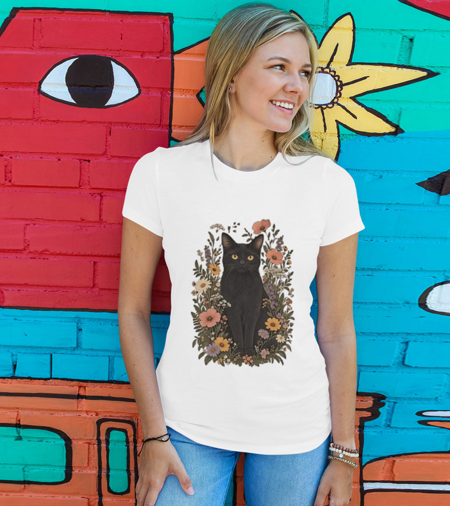 Black Cat In Blooming Garden Of Wildflowers T-Shirt