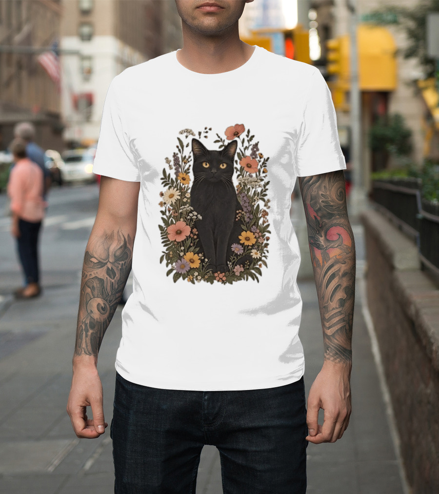 Black Cat In Blooming Garden Of Wildflowers T-Shirt