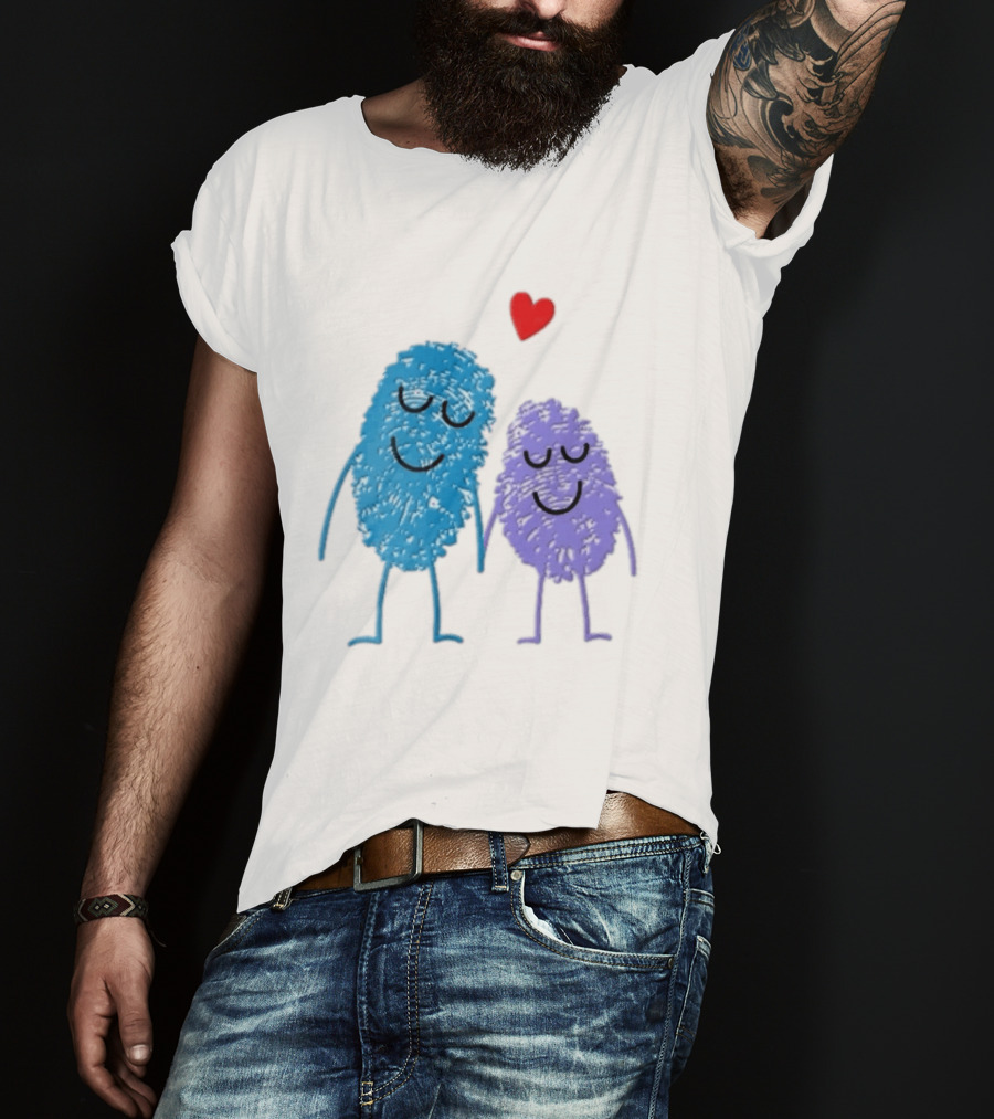 Blue Purple Fingerprint Characters Holding Hands Red Heart Cartoon T-Shirt