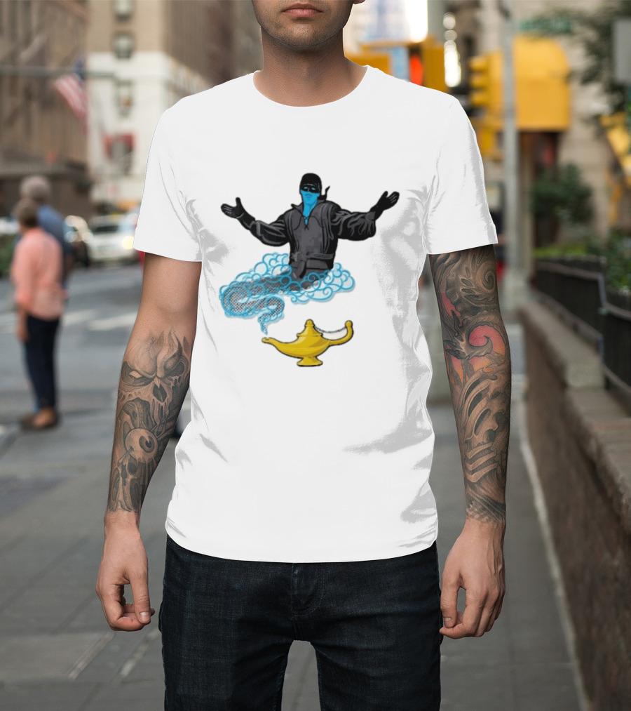 Dread Pirate Roberts Genie Man In Black With Golden Magic Lamp Halftone Cartoon T-Shirt