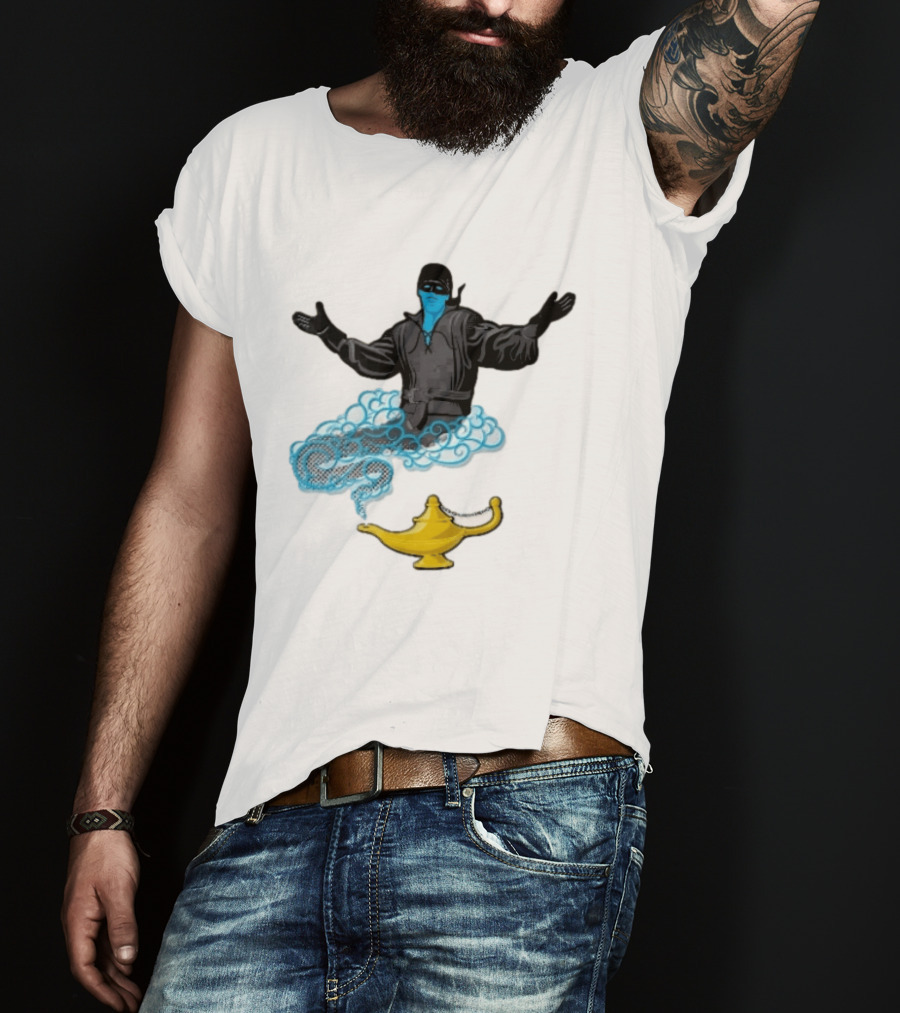 Dread Pirate Roberts Genie Man In Black With Golden Magic Lamp Halftone Cartoon T-Shirt