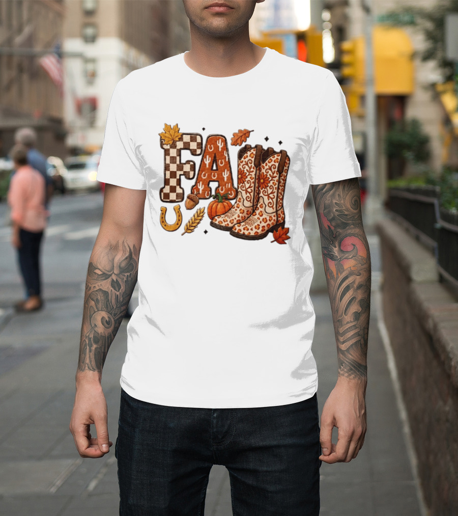 Fall Western Cowboy Boots Pumpkin Horseshoe Wheat Harvest Season T-Shirt