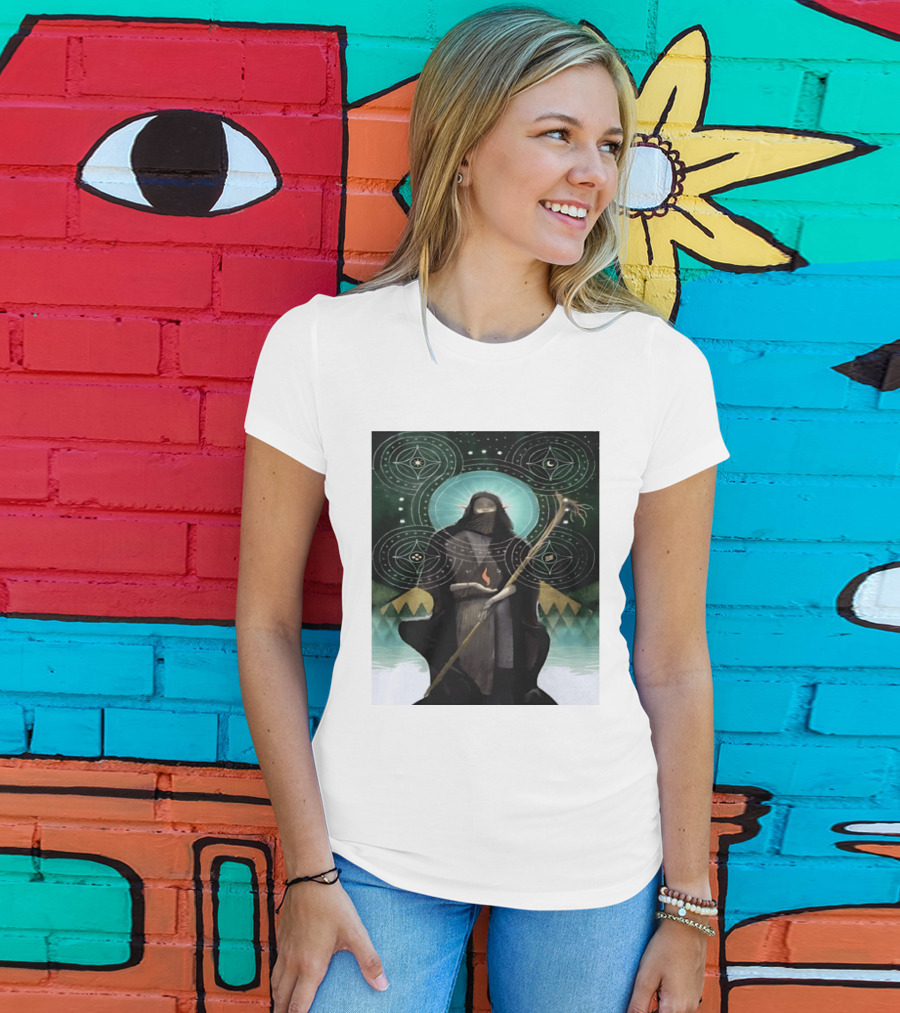 Mystical Elf Mage Staff Elemental Magic Symbols Enchanted Circles T-Shirt