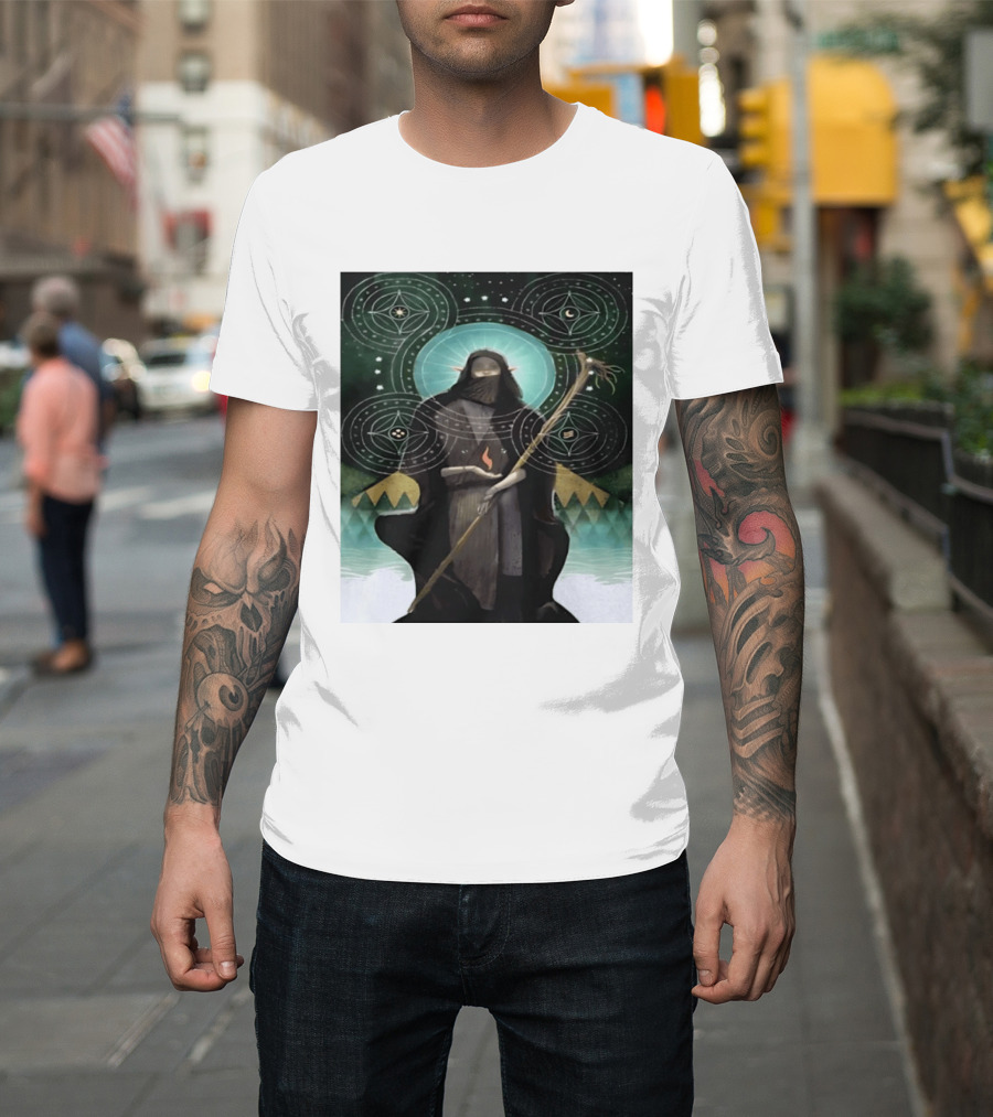 Mystical Elf Mage Staff Elemental Magic Symbols Enchanted Circles T-Shirt