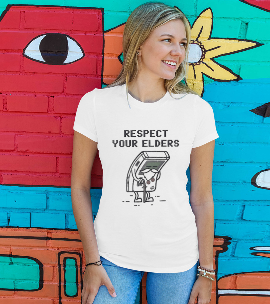 Respect Your Elders Distressed Cartoon Game Boy Walking Cane T-Shirt