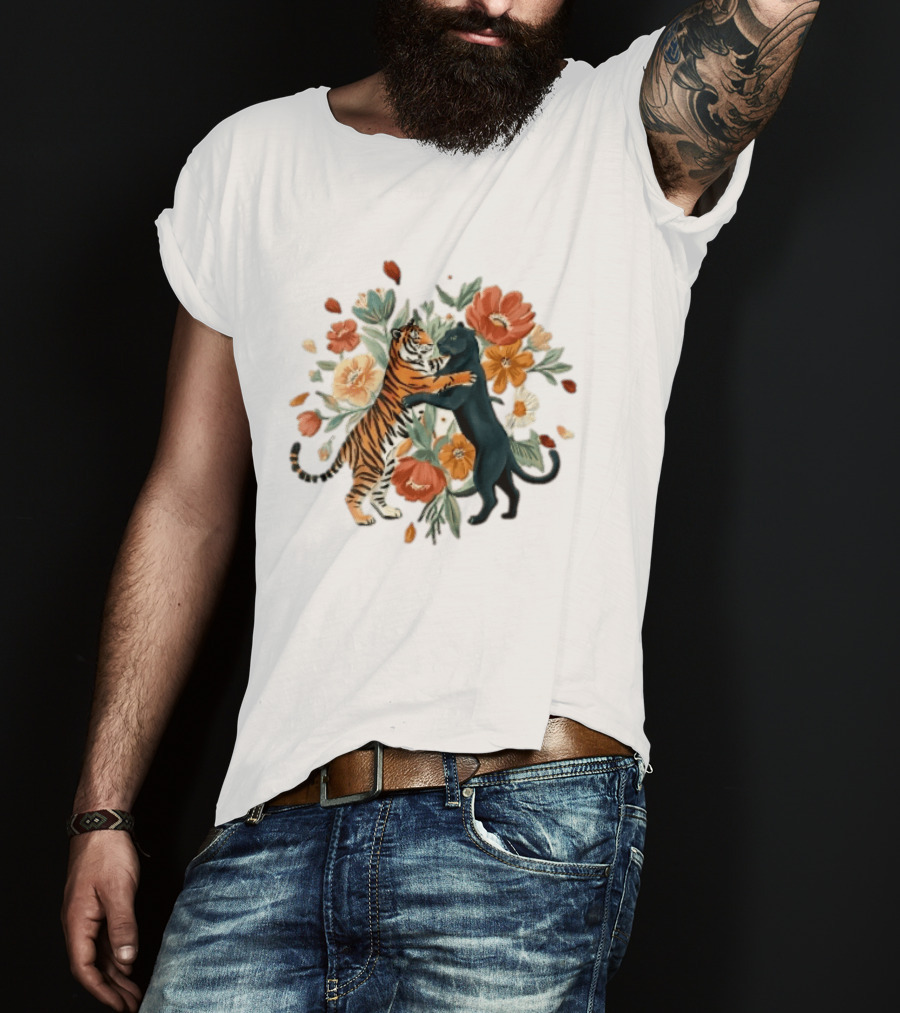 Tiger Black Panther Embrace Floral Bouquet Watercolor T-Shirt
