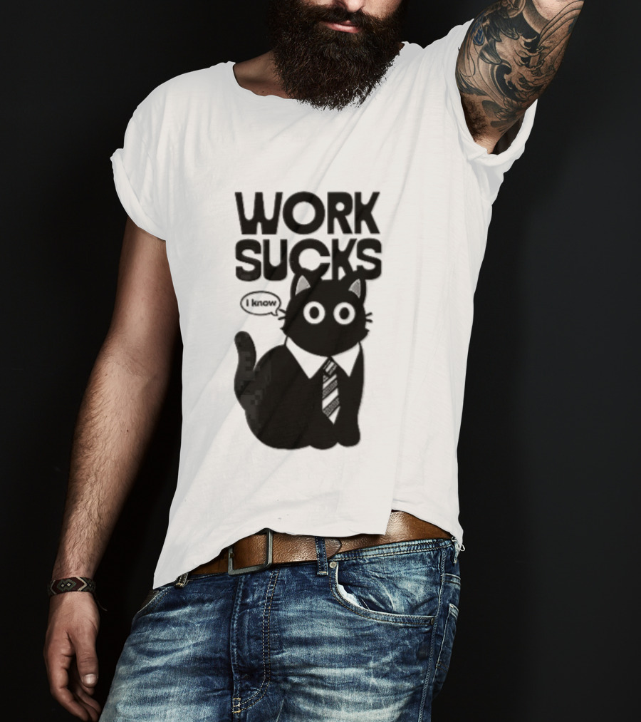 Work Sucks I Know Cartoon Black Cat T-Shirt