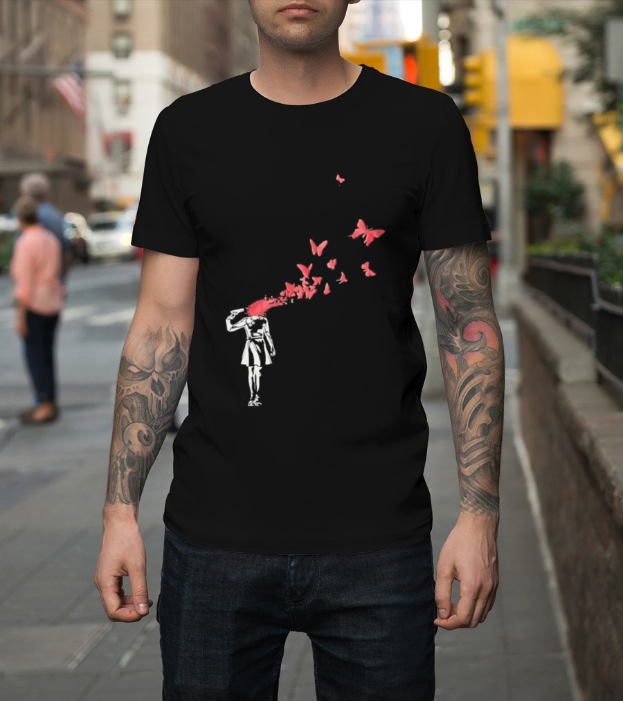 Banksy Girl Red Butterfly Burst Explosion T-Shirt