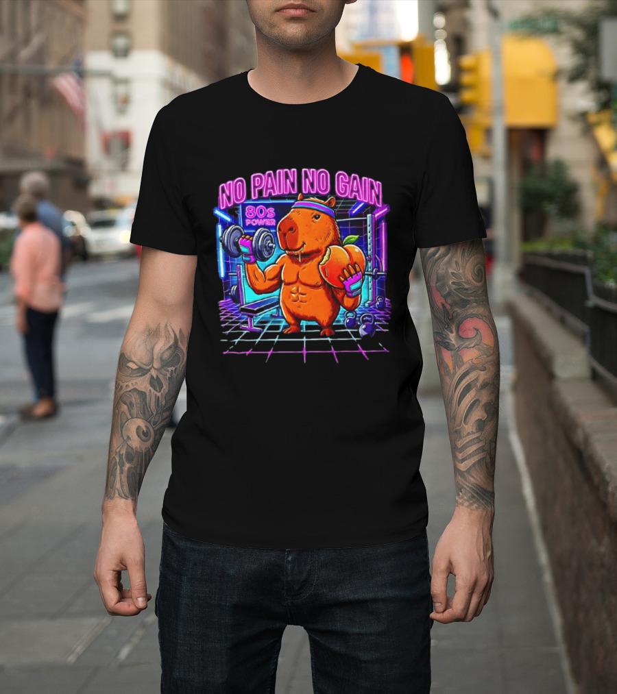 Capybara No Pain No Gain 80s Power Lifting Fitness Workout Gym T-Shirt