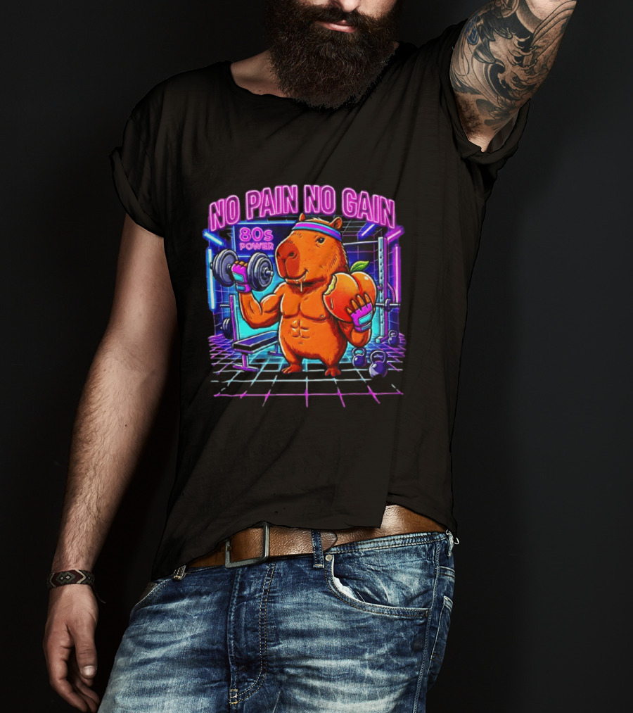 Capybara No Pain No Gain 80s Power Lifting Fitness Workout Gym T-Shirt