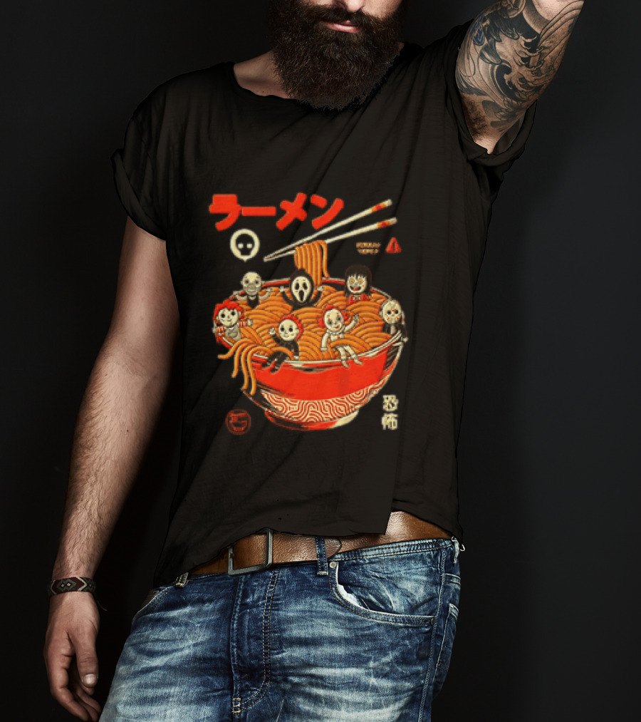 Chucky Ghostface Kayako Michael Myers Pennywise Jason Voorhees Ramen Horror Characters Eat Scream T-Shirt