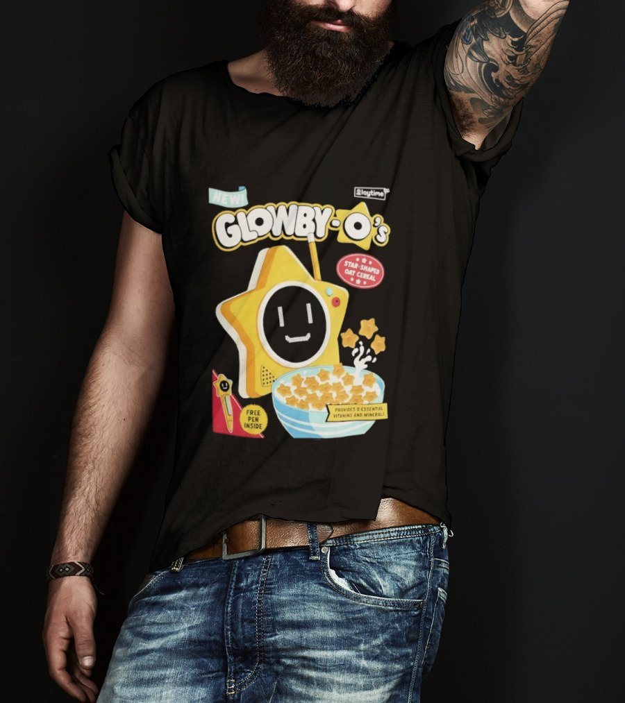 NEW Playtime Co Glowby O's Star Shaped Oat Cereal Box With Smiling Star And Bowl Of Cereal Bites T-Shirt
