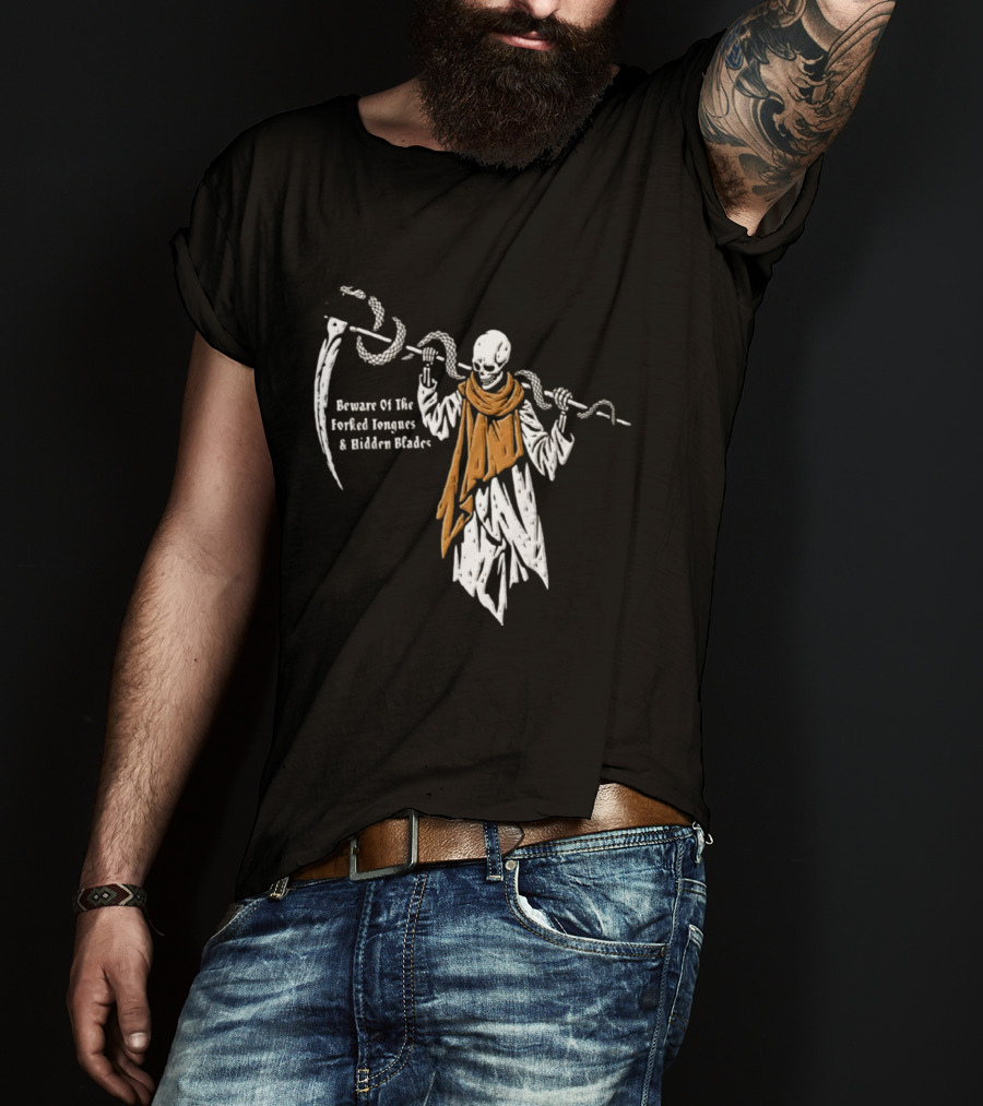Beware Of The Forked Tongues And Hidden Blades Grim Reaper Snake T-Shirt
