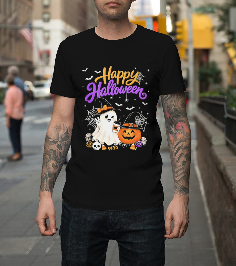Happy Halloween Ghost Pumpkin Candy And Spider Webs T-Shirt