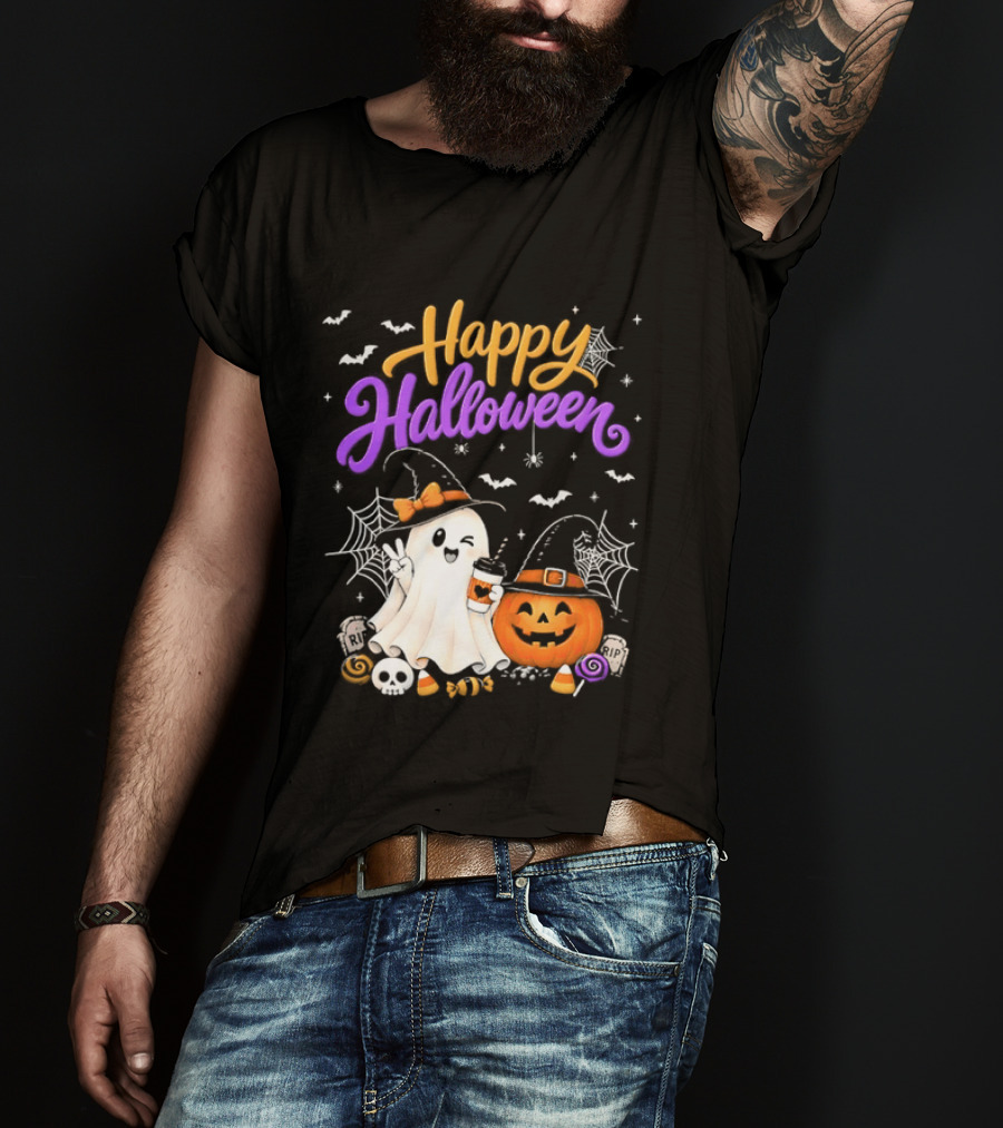Happy Halloween Ghost Pumpkin Candy And Spider Webs T-Shirt