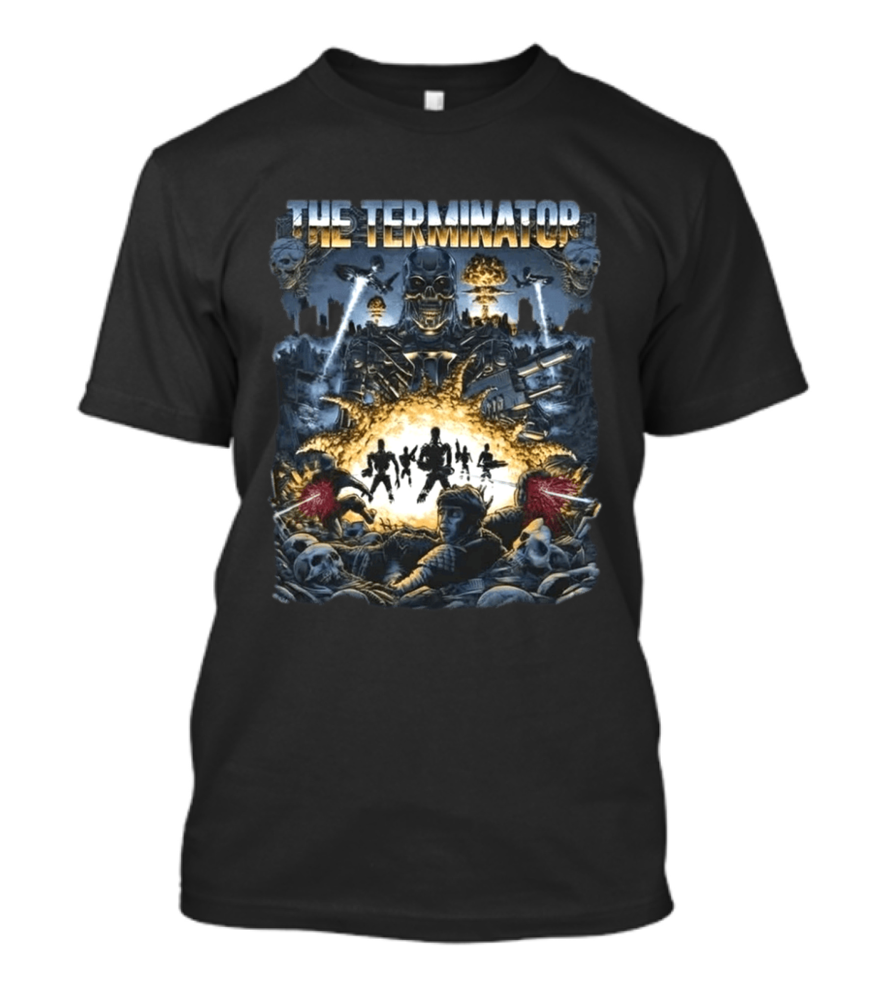 The Terminator Explosive Battle Scene Skull Motif With 800 Endoskeleton T-Shirt