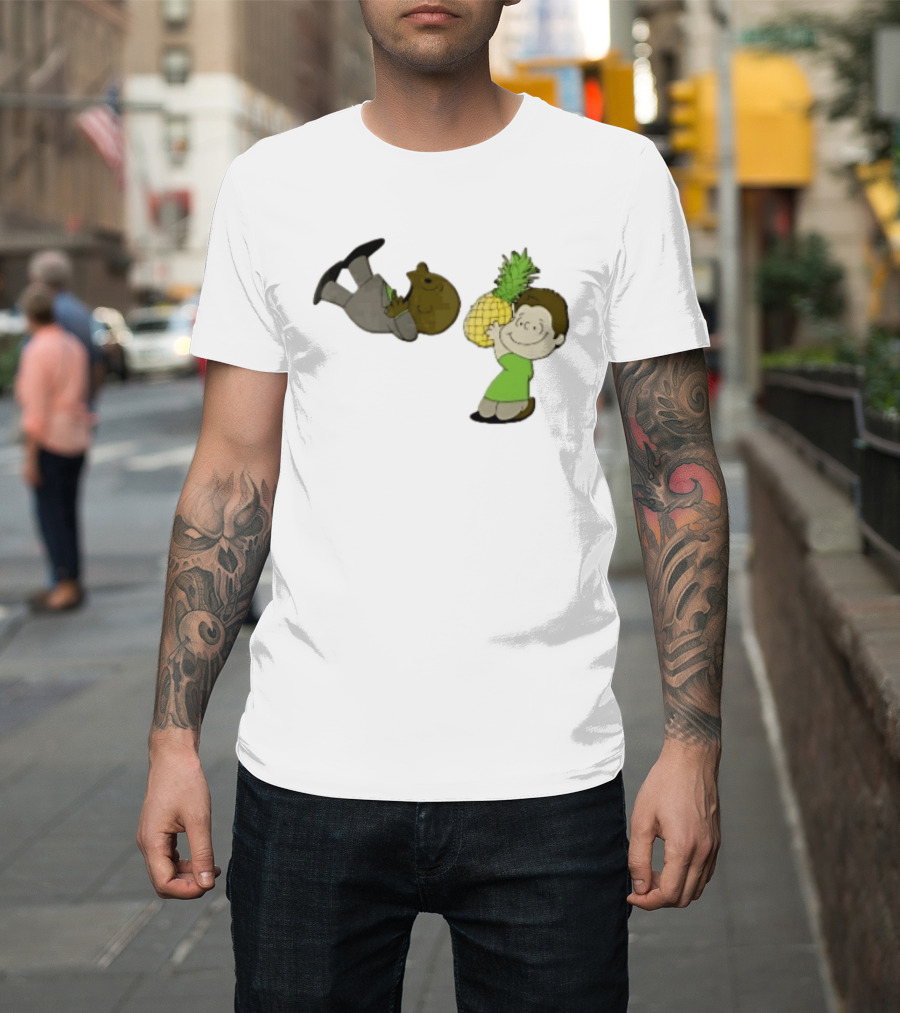 Cartoon Smiling Boy With Upside Down Pineapple Suit Person T-Shirt