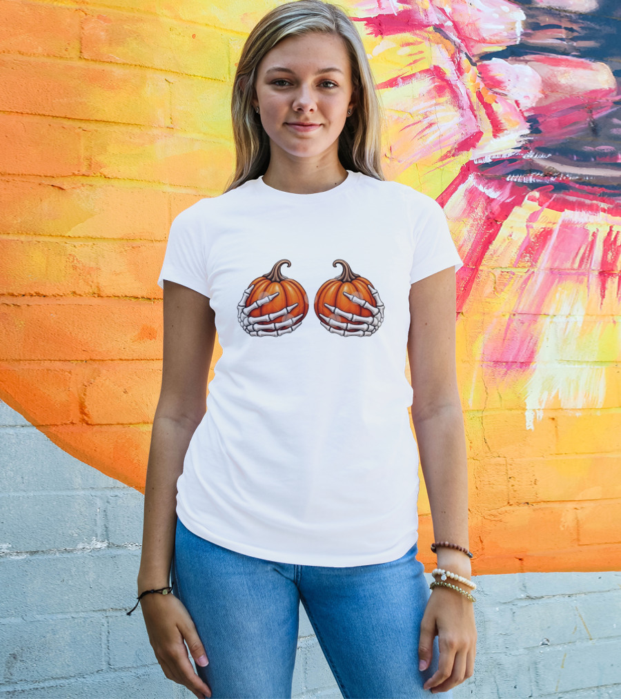 Skeleton Hands Holding Pumpkins Halloween Scary Realistic T-Shirt